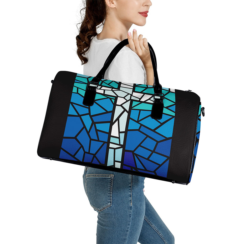 Blue Stained Glass Cross Print Leather Duffle Bag