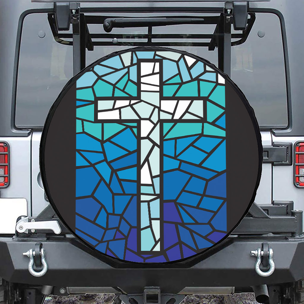 Blue Stained Glass Cross Print Leather Spare Tire Cover