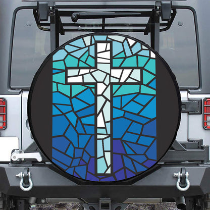 Blue Stained Glass Cross Print Leather Spare Tire Cover
