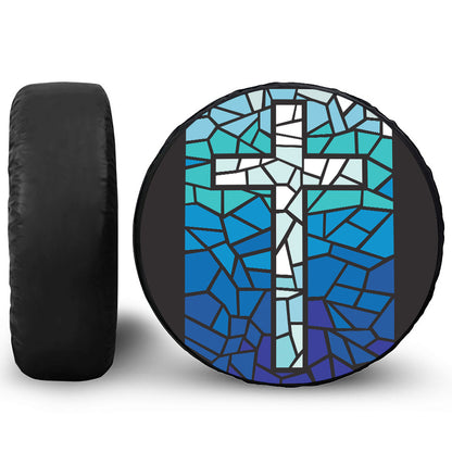 Blue Stained Glass Cross Print Leather Spare Tire Cover