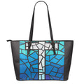 Blue Stained Glass Cross Print Leather Tote Bag With Zipper