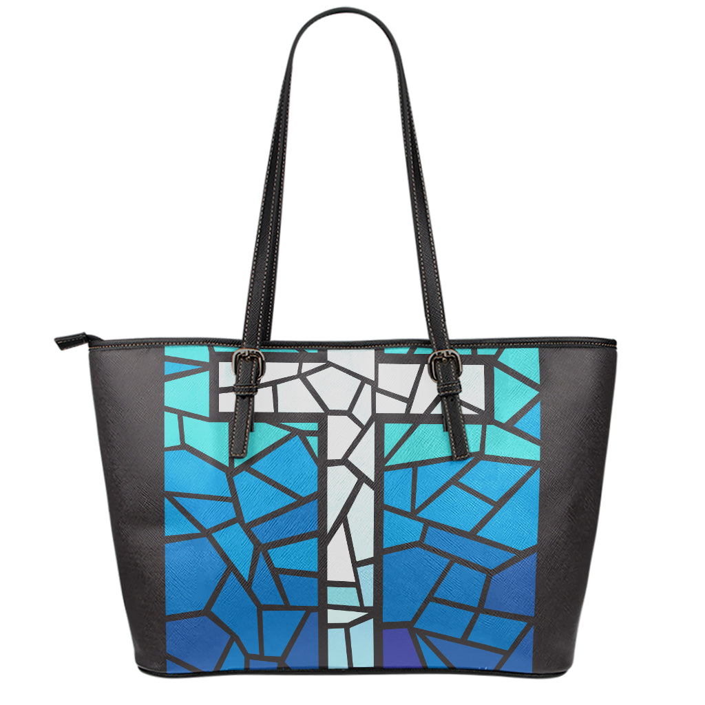 Blue Stained Glass Cross Print Leather Tote Bag