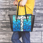 Blue Stained Glass Cross Print Leather Tote Bag