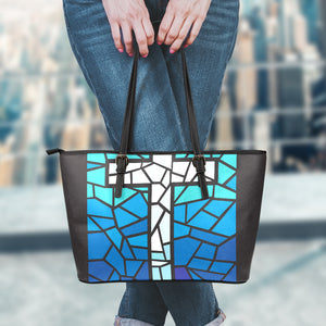 Blue Stained Glass Cross Print Leather Tote Bag