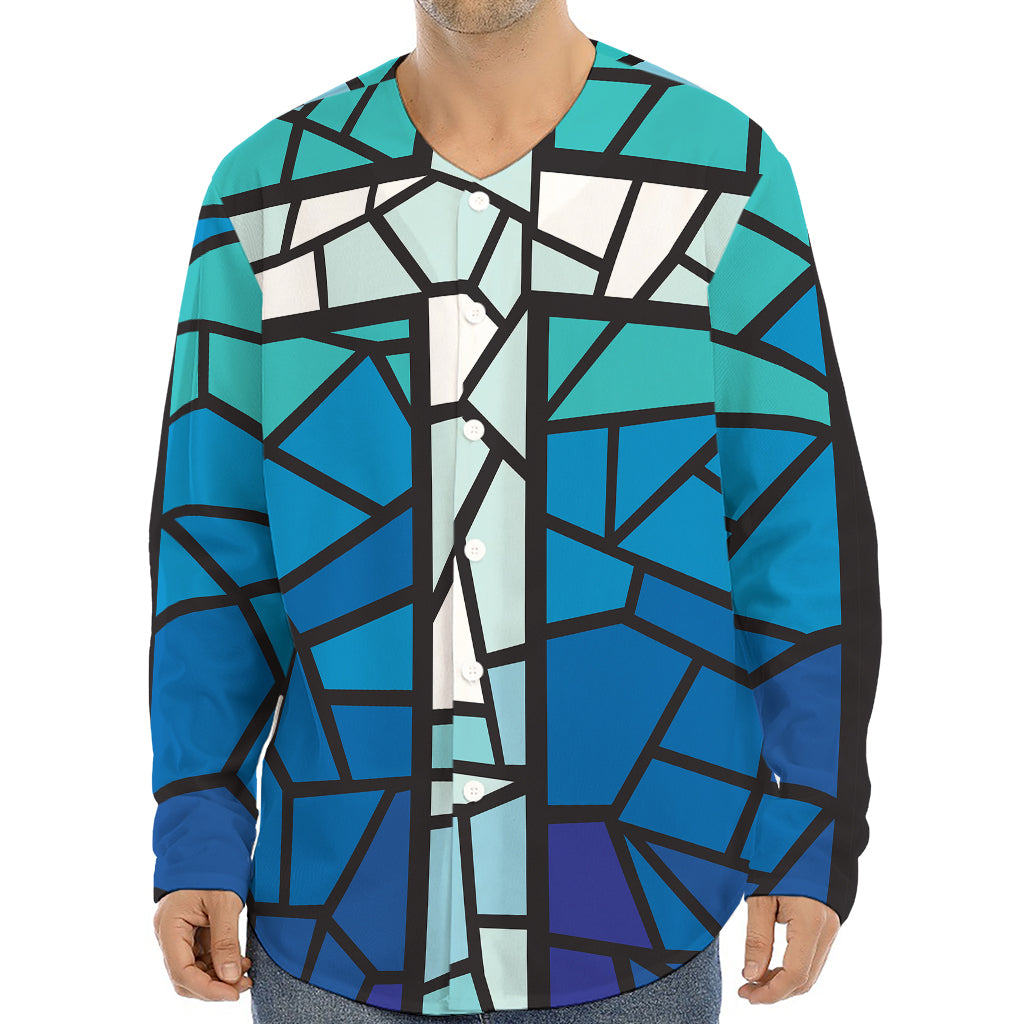 Blue Stained Glass Cross Print Long Sleeve Baseball Jersey