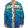 Blue Stained Glass Cross Print Long Sleeve Baseball Jersey