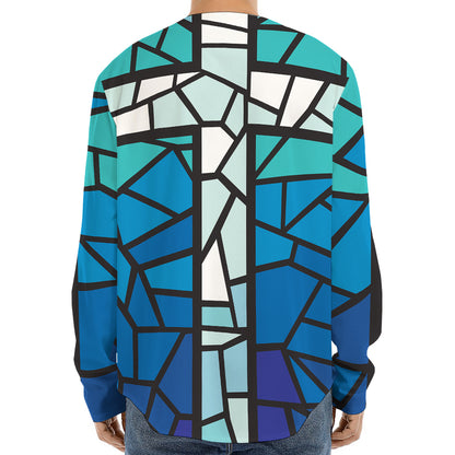 Blue Stained Glass Cross Print Long Sleeve Baseball Jersey