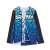 Blue Stained Glass Cross Print Long Sleeve Short Coat