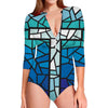 Blue Stained Glass Cross Print Long Sleeve Swimsuit