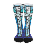 Blue Stained Glass Cross Print Long Socks