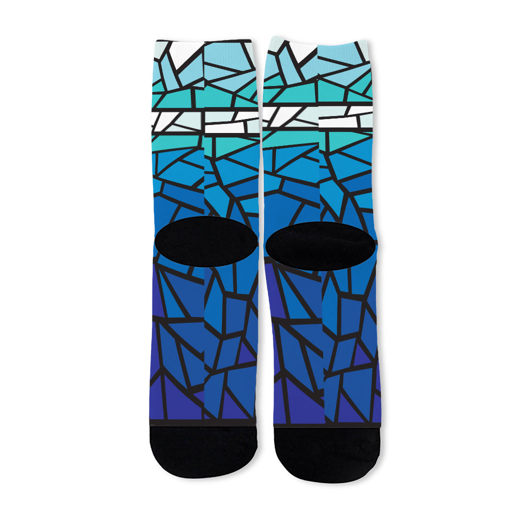 Blue Stained Glass Cross Print Long Socks