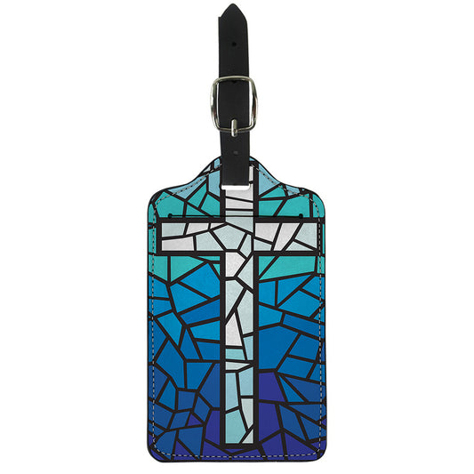 Blue Stained Glass Cross Print Luggage Tag