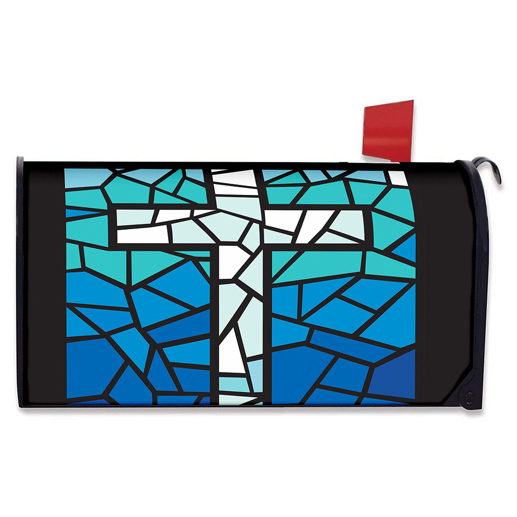 Blue Stained Glass Cross Print Mailbox Cover