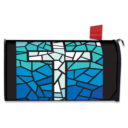 Blue Stained Glass Cross Print Mailbox Cover