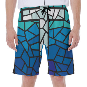 Blue Stained Glass Cross Print Men's Beach Shorts