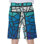 Blue Stained Glass Cross Print Men's Beach Shorts