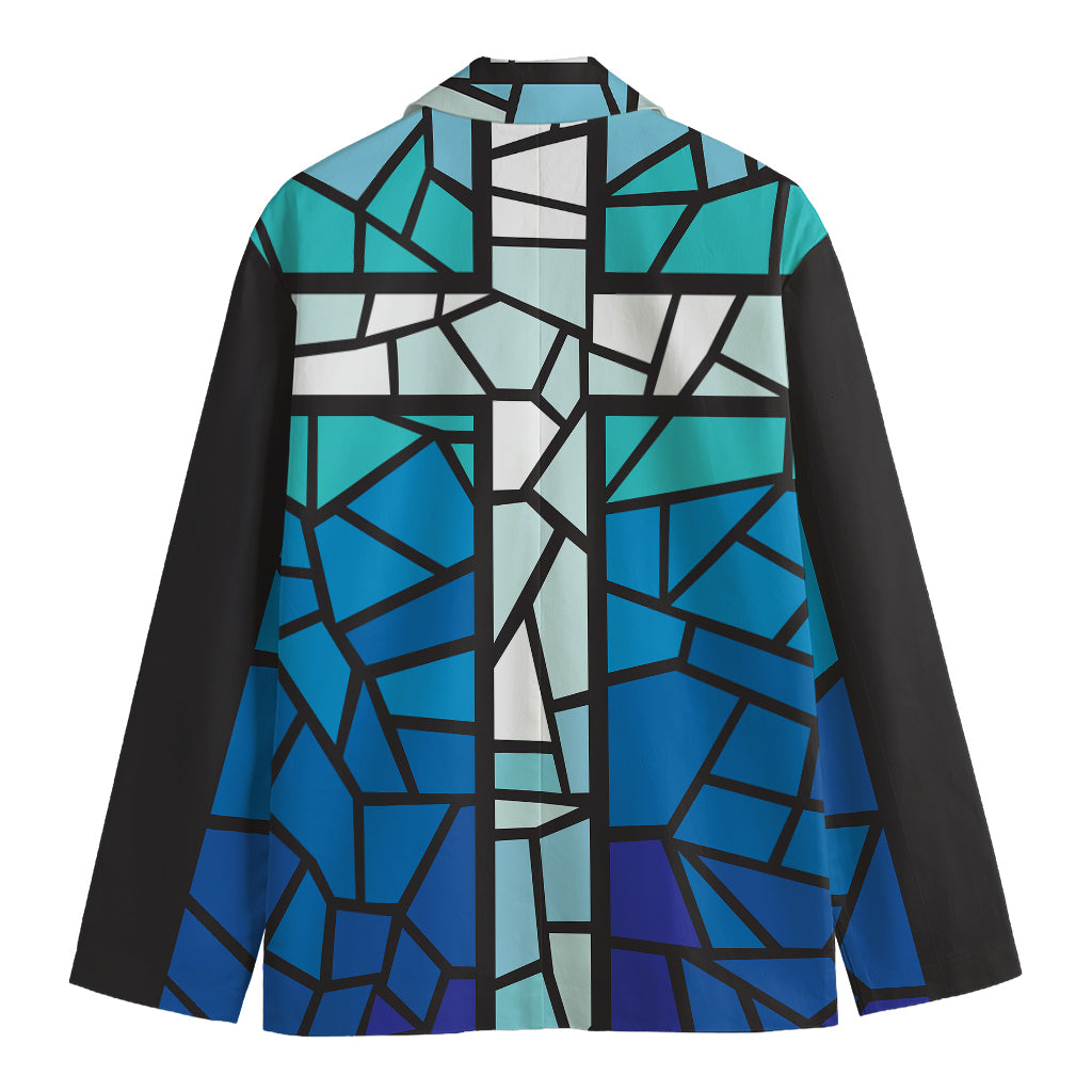 Blue Stained Glass Cross Print Men's Blazer