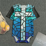 Blue Stained Glass Cross Print Men's Bodysuit
