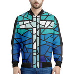 Blue Stained Glass Cross Print Men's Bomber Jacket