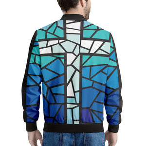 Blue Stained Glass Cross Print Men's Bomber Jacket