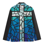 Blue Stained Glass Cross Print Men's Cotton Blazer