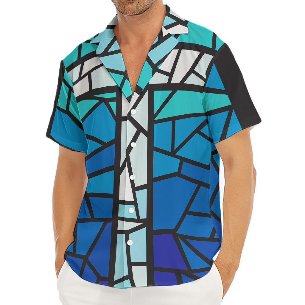 Blue Stained Glass Cross Print Men's Deep V-Neck Shirt