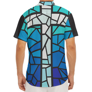 Blue Stained Glass Cross Print Men's Deep V-Neck Shirt