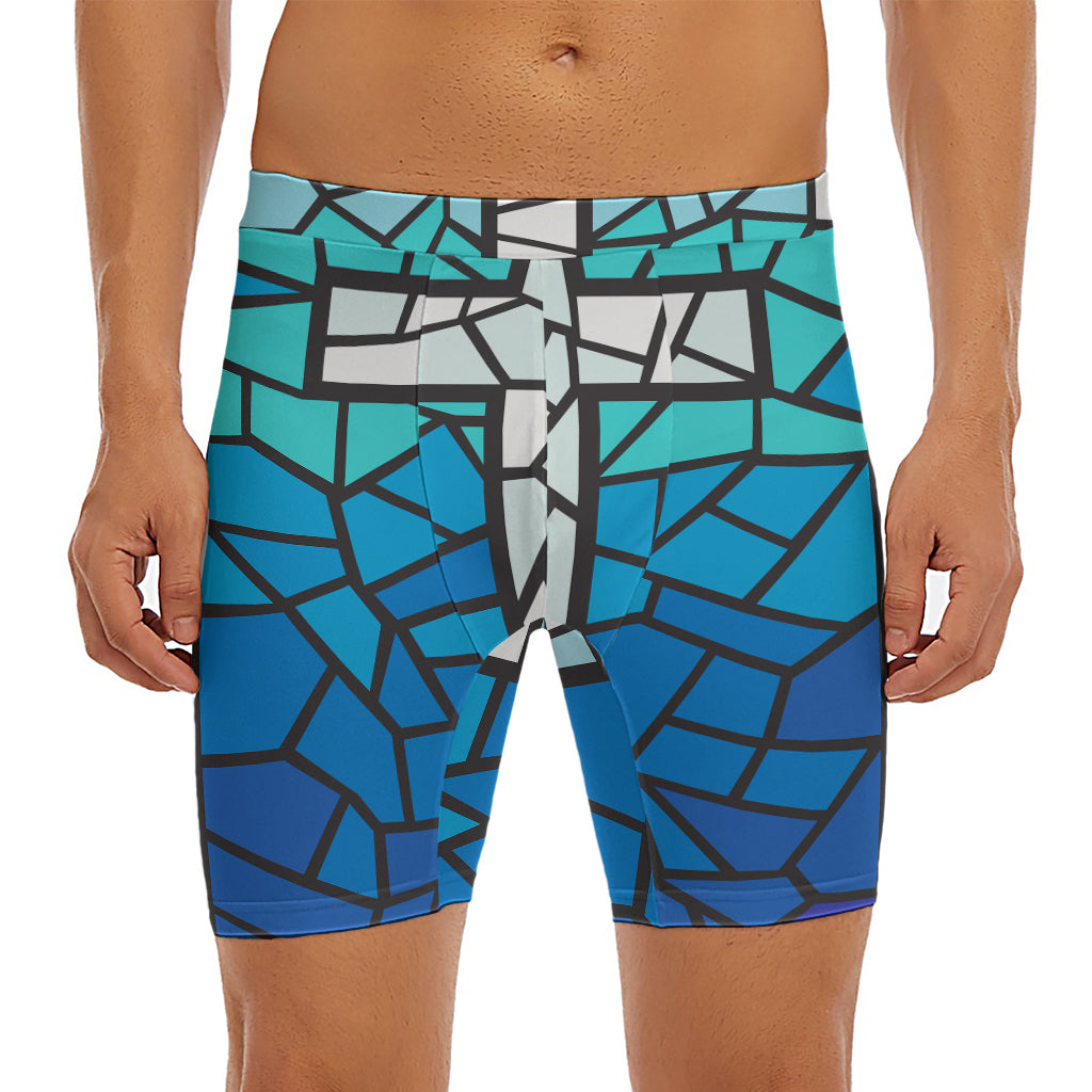 Blue Stained Glass Cross Print Men's Long Boxer Briefs