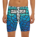 Blue Stained Glass Cross Print Men's Long Boxer Briefs