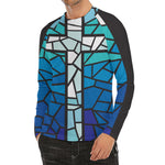 Blue Stained Glass Cross Print Men's Long Sleeve Rash Guard