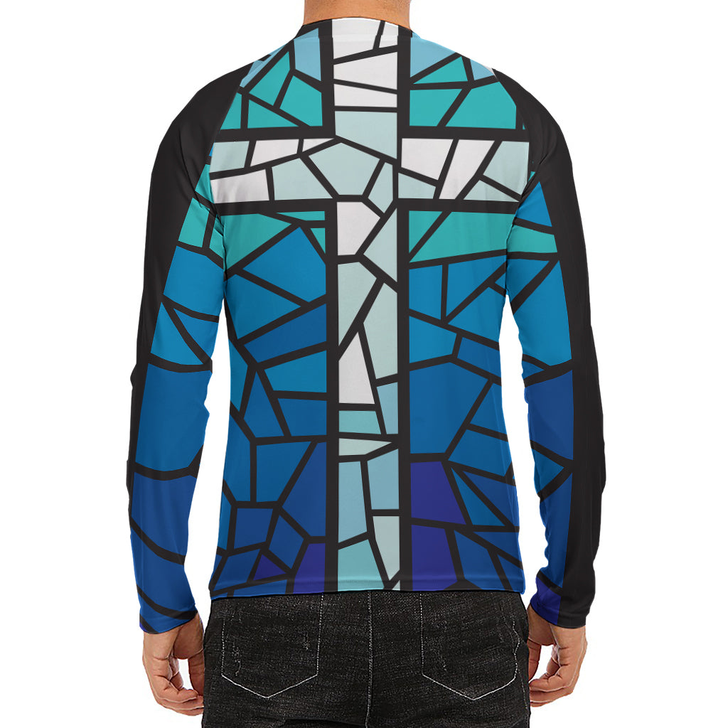 Blue Stained Glass Cross Print Men's Long Sleeve Rash Guard