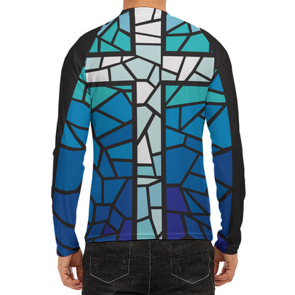 Blue Stained Glass Cross Print Men's Long Sleeve Rash Guard