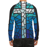 Blue Stained Glass Cross Print Men's Long Sleeve Rash Guard