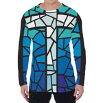 Blue Stained Glass Cross Print Men's Long Sleeve T-Shirt