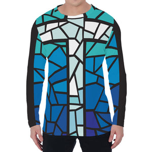 Blue Stained Glass Cross Print Men's Long Sleeve T-Shirt