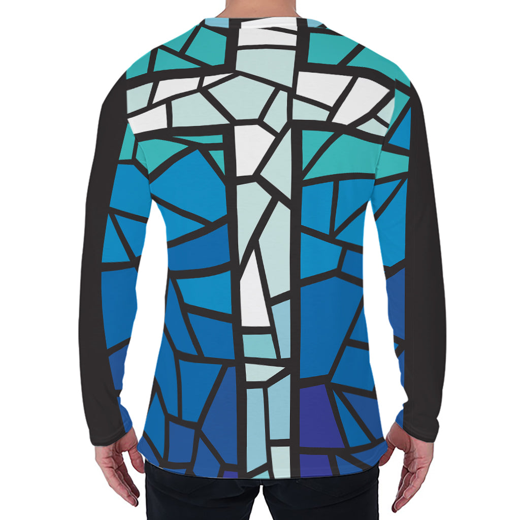 Blue Stained Glass Cross Print Men's Long Sleeve T-Shirt