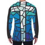 Blue Stained Glass Cross Print Men's Long Sleeve T-Shirt