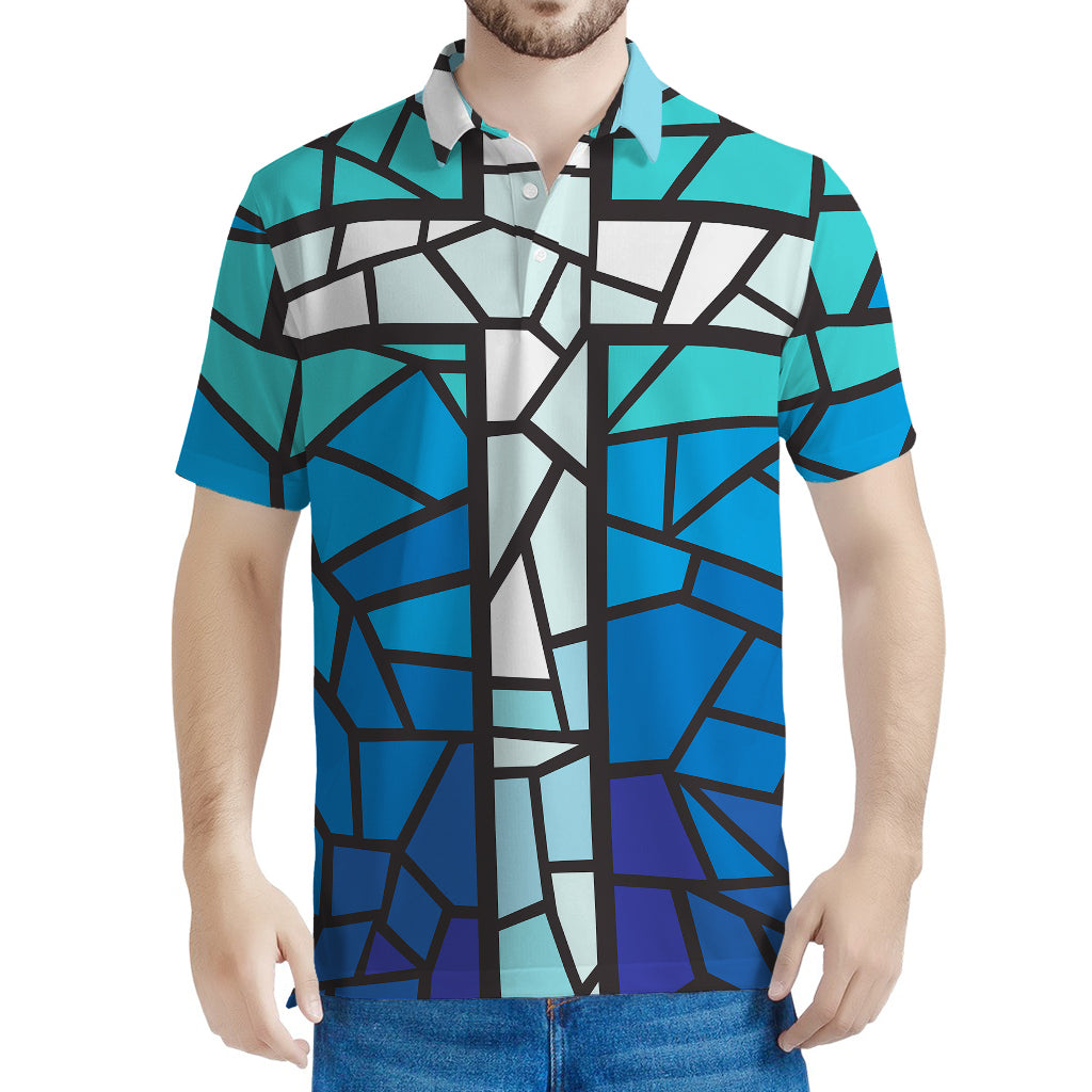 Blue Stained Glass Cross Print Men's Polo Shirt