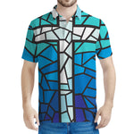 Blue Stained Glass Cross Print Men's Polo Shirt