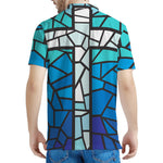 Blue Stained Glass Cross Print Men's Polo Shirt