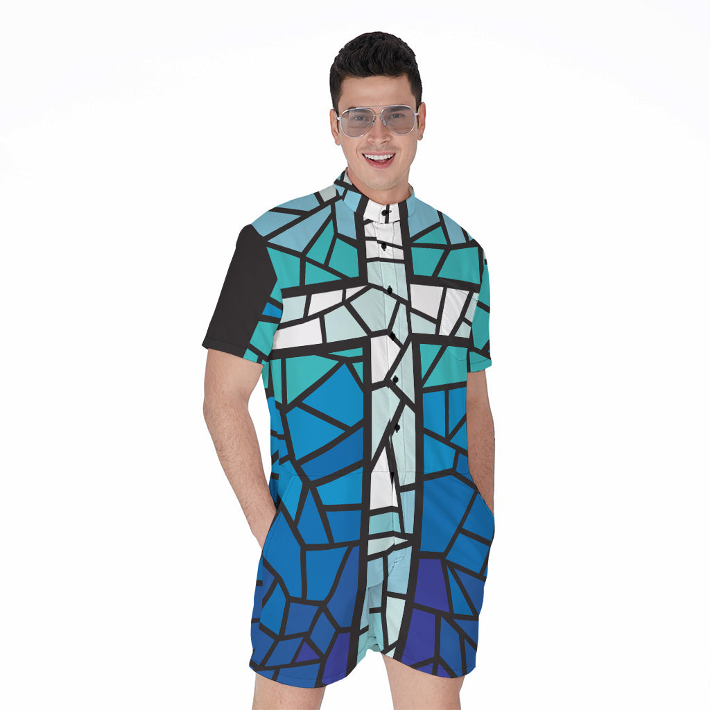 Blue Stained Glass Cross Print Men's Rompers
