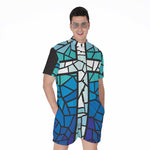 Blue Stained Glass Cross Print Men's Rompers