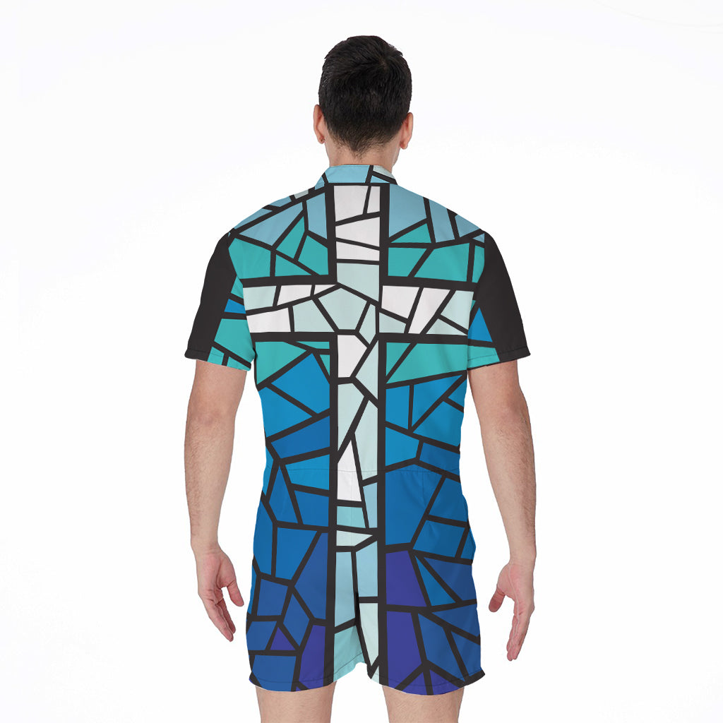 Blue Stained Glass Cross Print Men's Rompers
