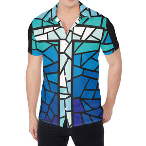 Blue Stained Glass Cross Print Men's Shirt