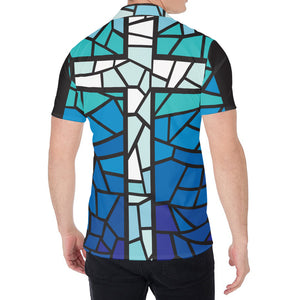 Blue Stained Glass Cross Print Men's Shirt