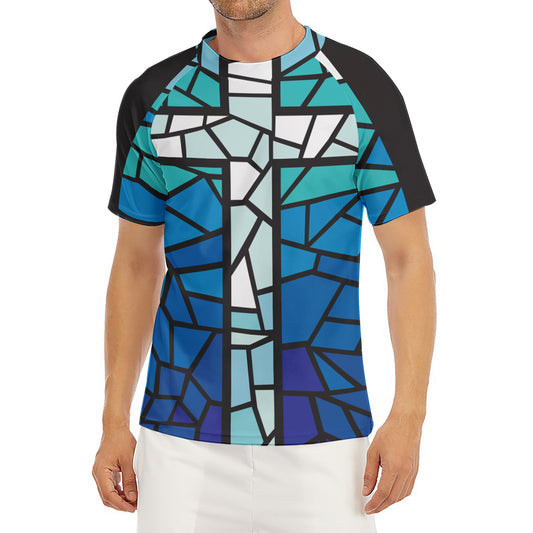 Blue Stained Glass Cross Print Men's Short Sleeve Rash Guard