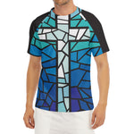 Blue Stained Glass Cross Print Men's Short Sleeve Rash Guard