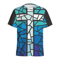Blue Stained Glass Cross Print Men's Athletic T-Shirt