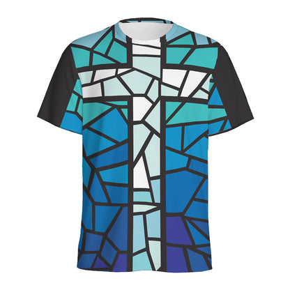 Blue Stained Glass Cross Print Men's Sports T-Shirt