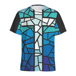 Blue Stained Glass Cross Print Men's Sports T-Shirt